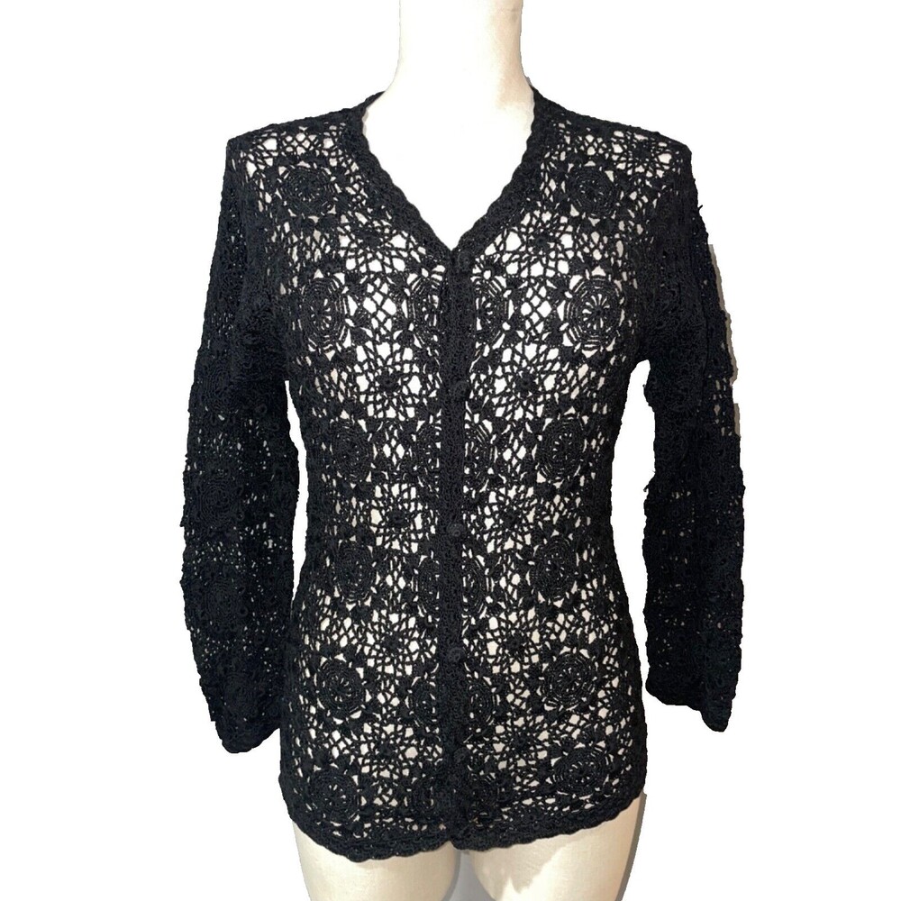 Lizwear Vintage Womens Lace Crochet Cardigan size PS Hand Knit Mercerized Cotton